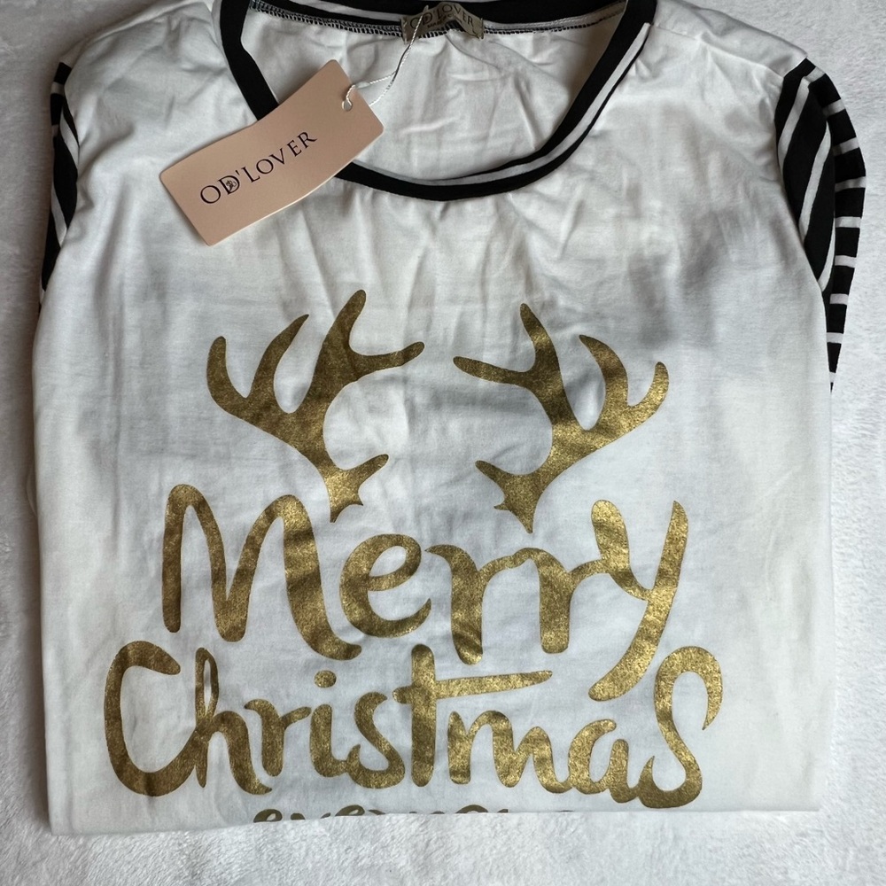 White and Gold Long Sleeve Tee with black and white striped sleeves